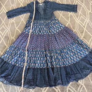 Bohemian Blue Floral Tiered Long Sleeve Maxi Dress